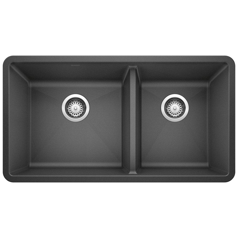 BLANCO Anthracite 33 x 18 in. No Hole Composite Double Bowl Undermount Kitchen Sink 