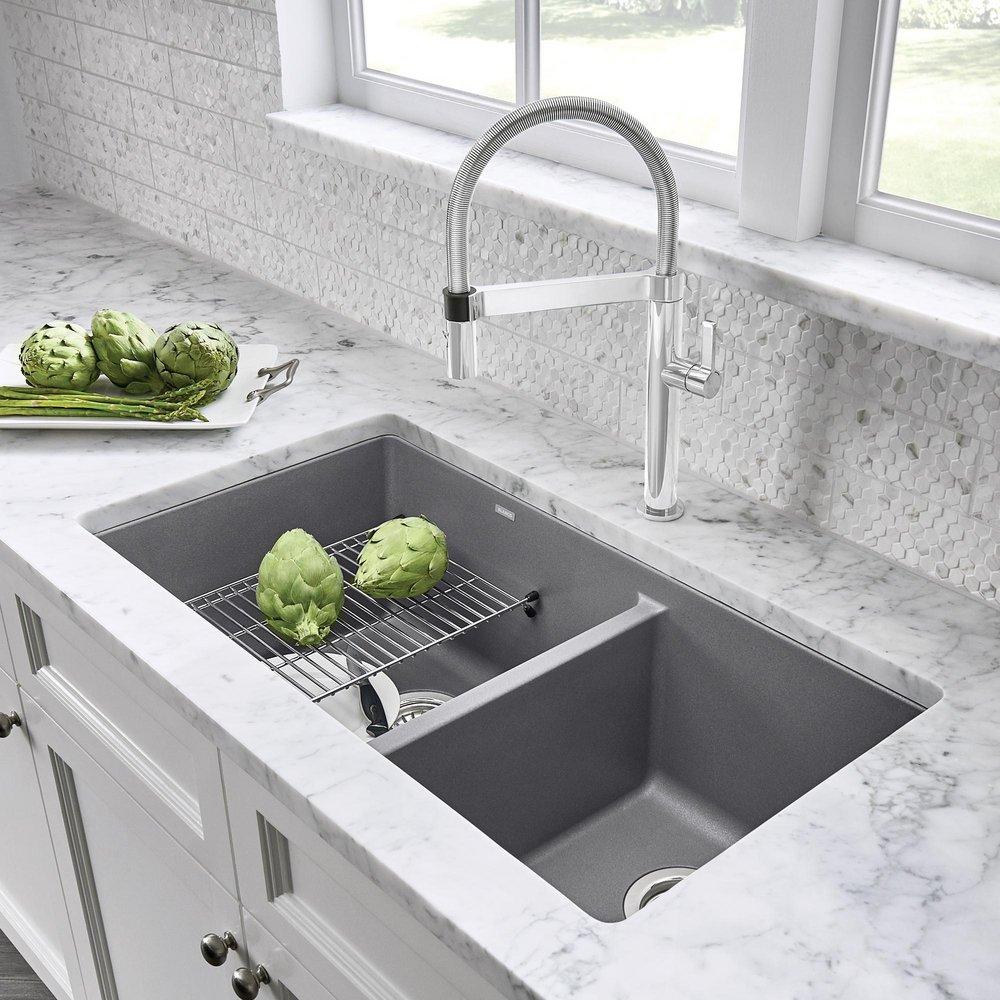 BLANCO Metallic Grey 33 x 18 in. No Hole Composite Double Bowl Undermount Kitchen Sink 