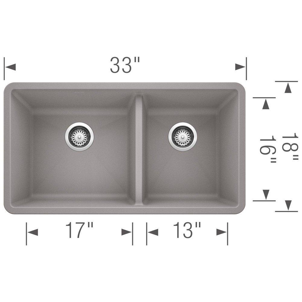BLANCO Metallic Grey 33 x 18 in. No Hole Composite Double Bowl Undermount Kitchen Sink 