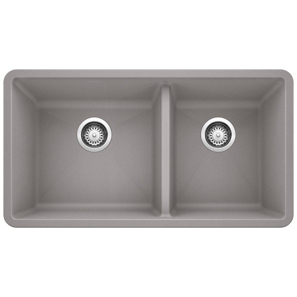BLANCO Metallic Grey 33 x 18 in. No Hole Composite Double Bowl Undermount Kitchen Sink 