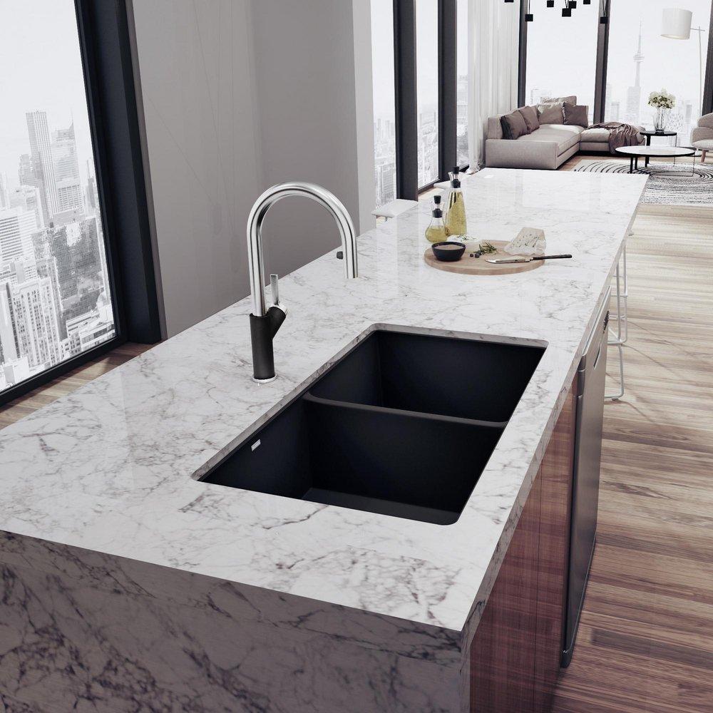 BLANCO Anthracite 29-3/4 x 18-1/8 in. No Hole Composite Double Bowl Undermount Kitchen Sink 