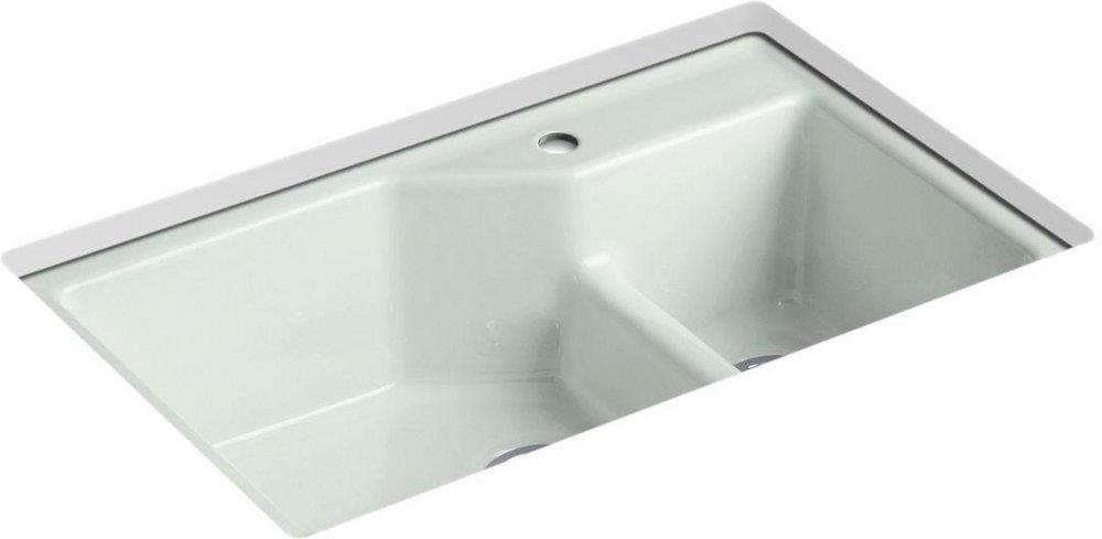 KOHLER Sea Salt&trade; 33 x 21-1/8 in. 1 Hole Cast Iron Double Bowl Undermount Kitchen Sink 