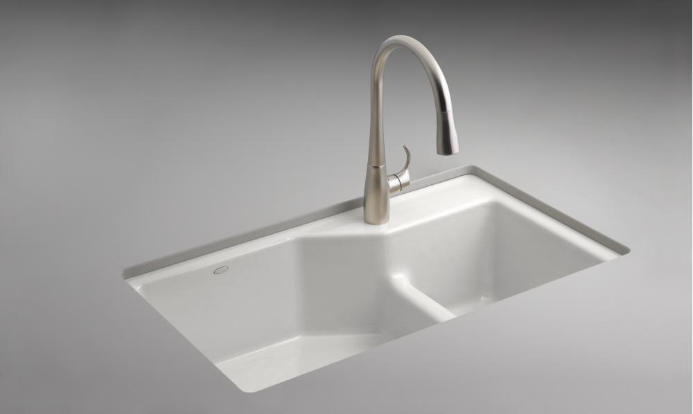 KOHLER White 33 x 21-1/8 in. 1 Hole Cast Iron Double Bowl Undermount Kitchen Sink 