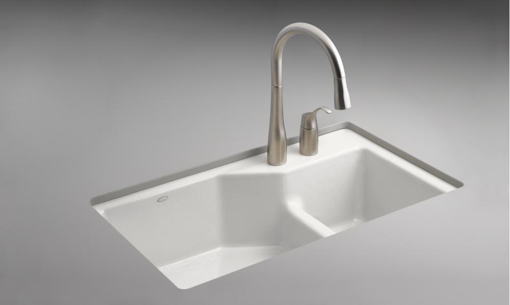 KOHLER White 33 x 21-1/8 in. 2 Hole Cast Iron Double Bowl Undermount Kitchen Sink 
