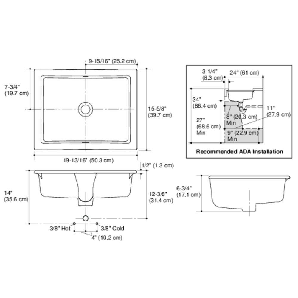 KOHLER White 19-13/16 in. Undermount Rectangular Vitreous China Bathroom Sink 