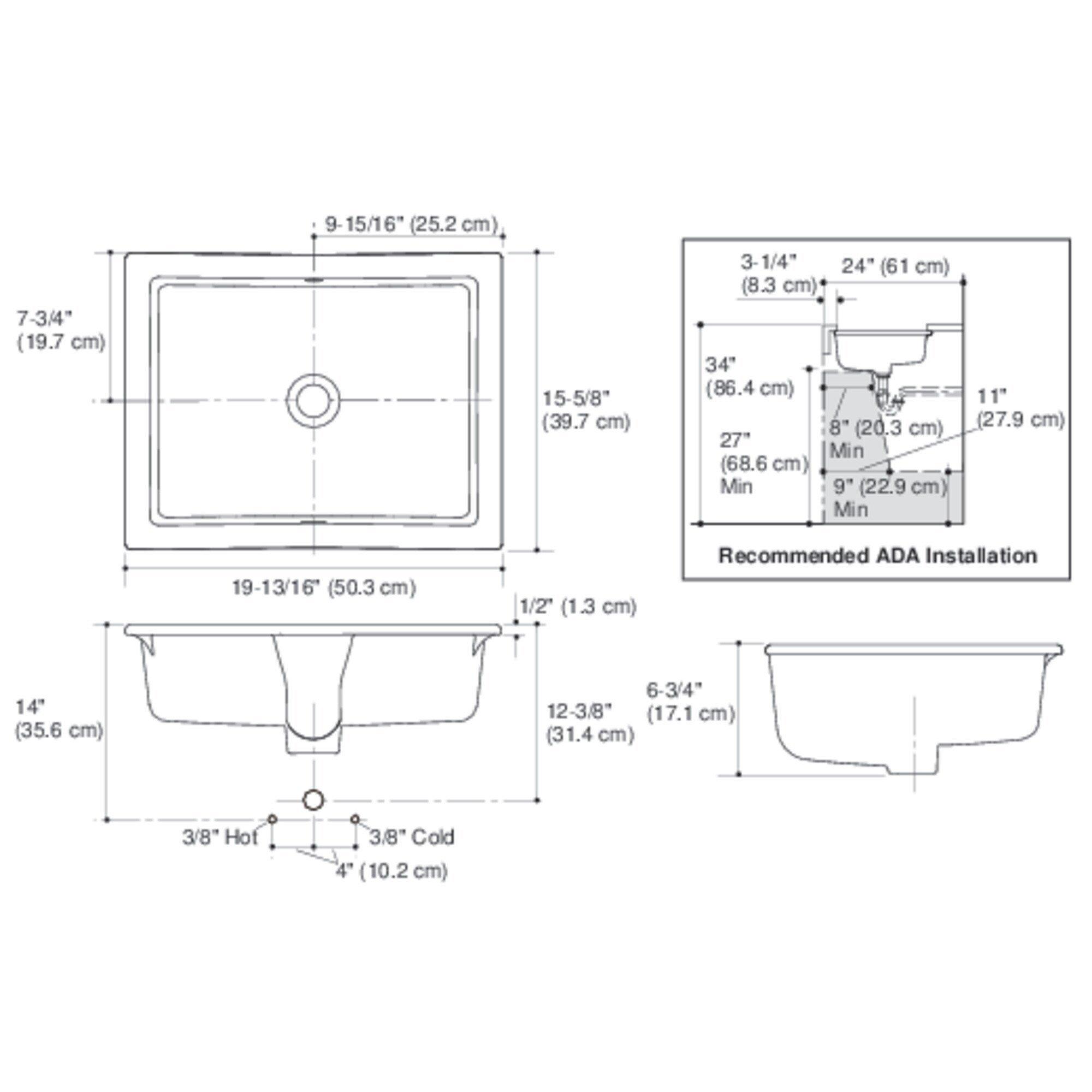 KOHLER White 19-13/16 in. Undermount Rectangular Vitreous China Bathroom Sink 