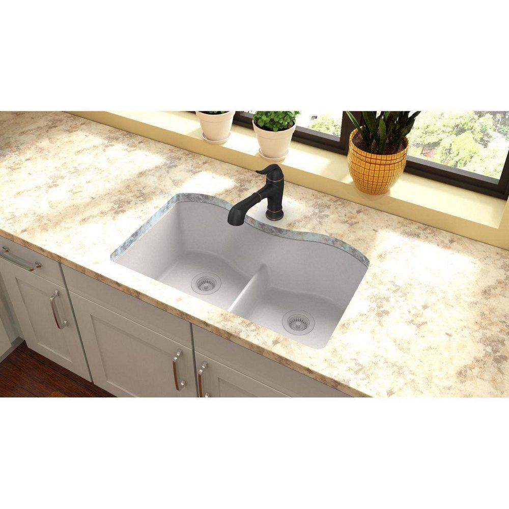 Elkay White 33 x 20 in. No Hole Composite Double Bowl Undermount Kitchen Sink 