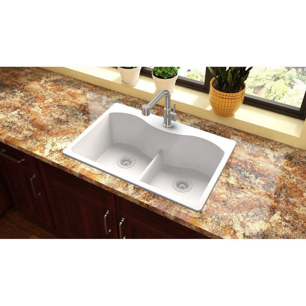 Elkay White 33 x 22 in. No Hole Composite Double Bowl Drop-in Kitchen Sink 