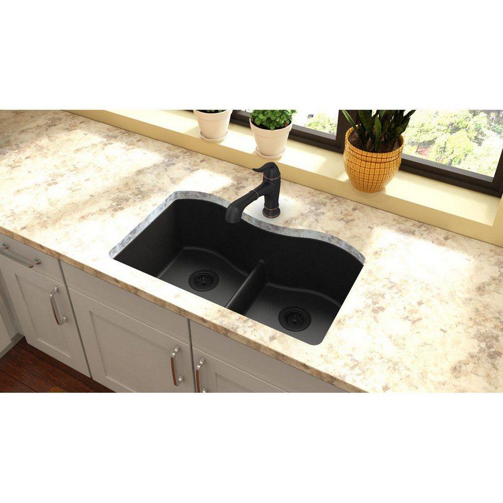 Elkay Black 33 x 20 in. No Hole Composite Double Bowl Undermount Kitchen Sink 