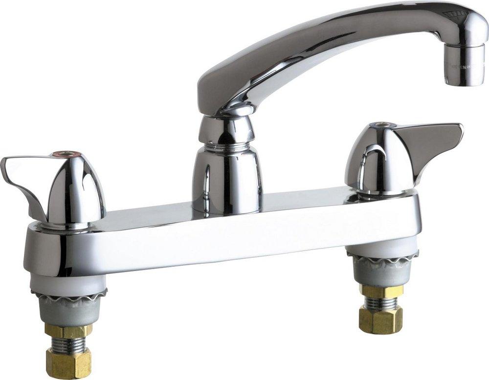 Chicago Faucets Polished Chrome 2-Hole Deckmount Kitchen Faucet with Double Canopy Single Wing Handle and Aerator 