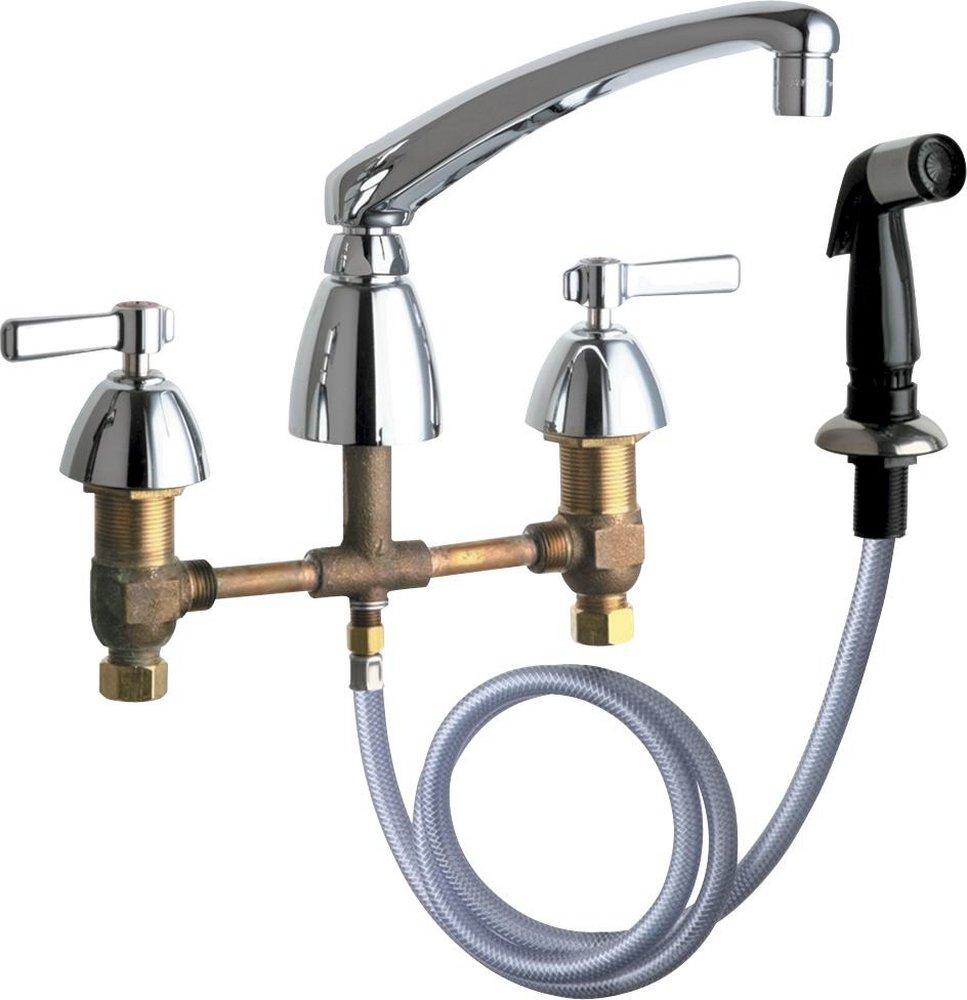 Chicago Faucets Polished Chrome 3-Hole Deckmount Kitchen Faucet with Double Lever Handle and Sidespray 