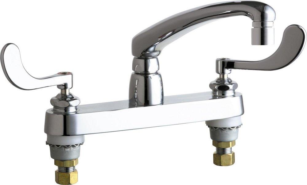 Chicago Faucets Polished Chrome 2-Hole Deckmount Kitchen Faucet with Double Wristblade Handle and Vandal Proof Aerator 
