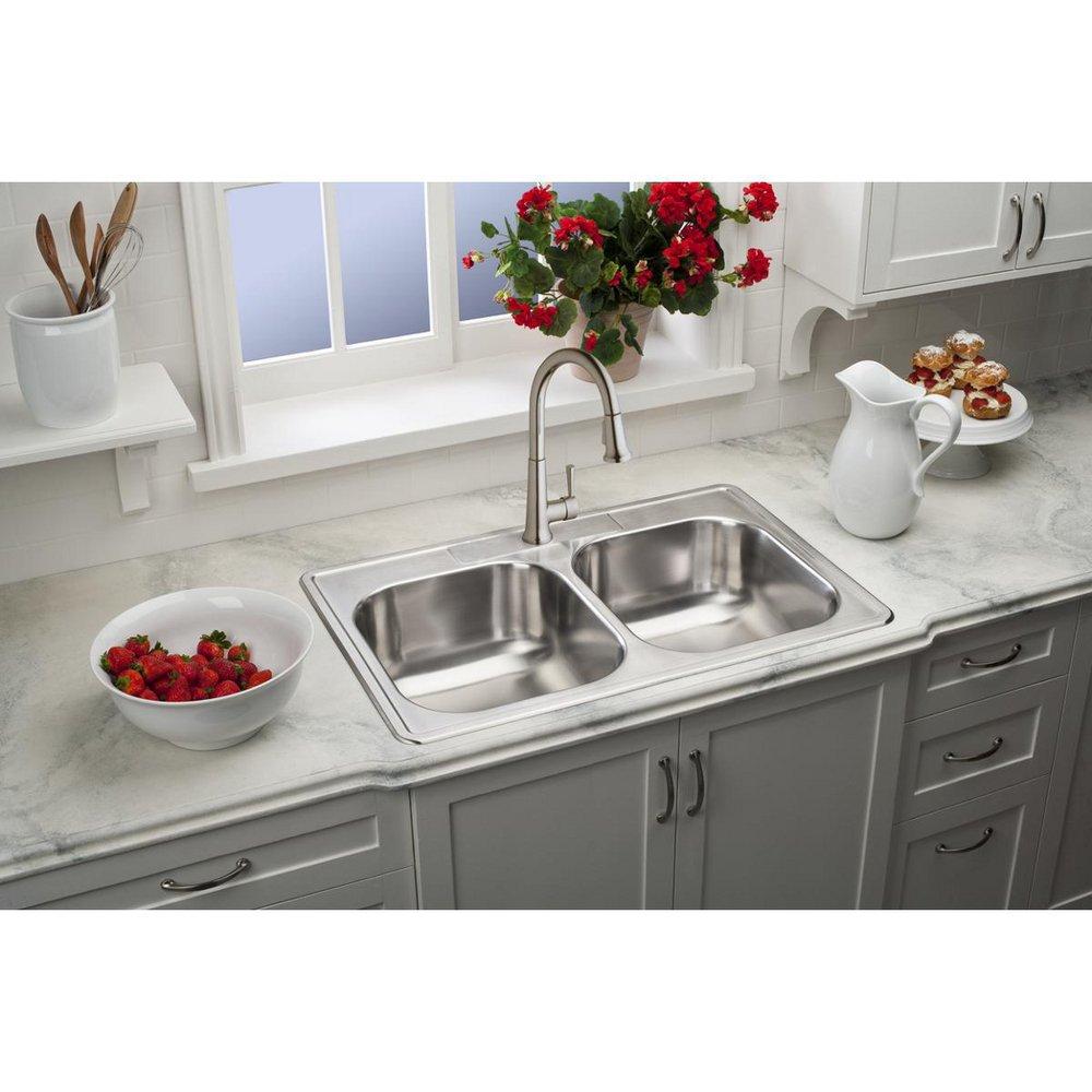 Dayton Elite Satin 3 Hole Double Bowl Top Mount Kitchen Sink with Center Drain 