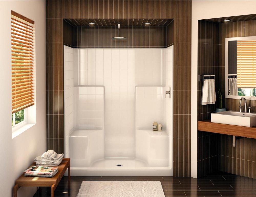 Aker by MAAX White 60 x 36-1/2 in. Fiberglass Tile Shower Unit with Center Drain and Twin Seat 