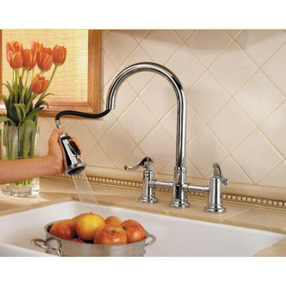 Pfister Polished Chrome 2.2 gpm Double Lever Handle Deckmount Kitchen Sink Faucet 360 Degree Swivel High Arc Pull-Down Spout 