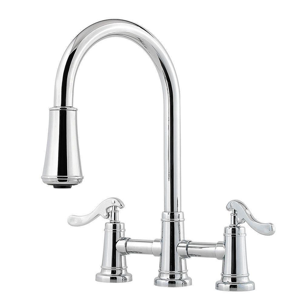 Pfister Polished Chrome 2.2 gpm Double Lever Handle Deckmount Kitchen Sink Faucet 360 Degree Swivel High Arc Pull-Down Spout 