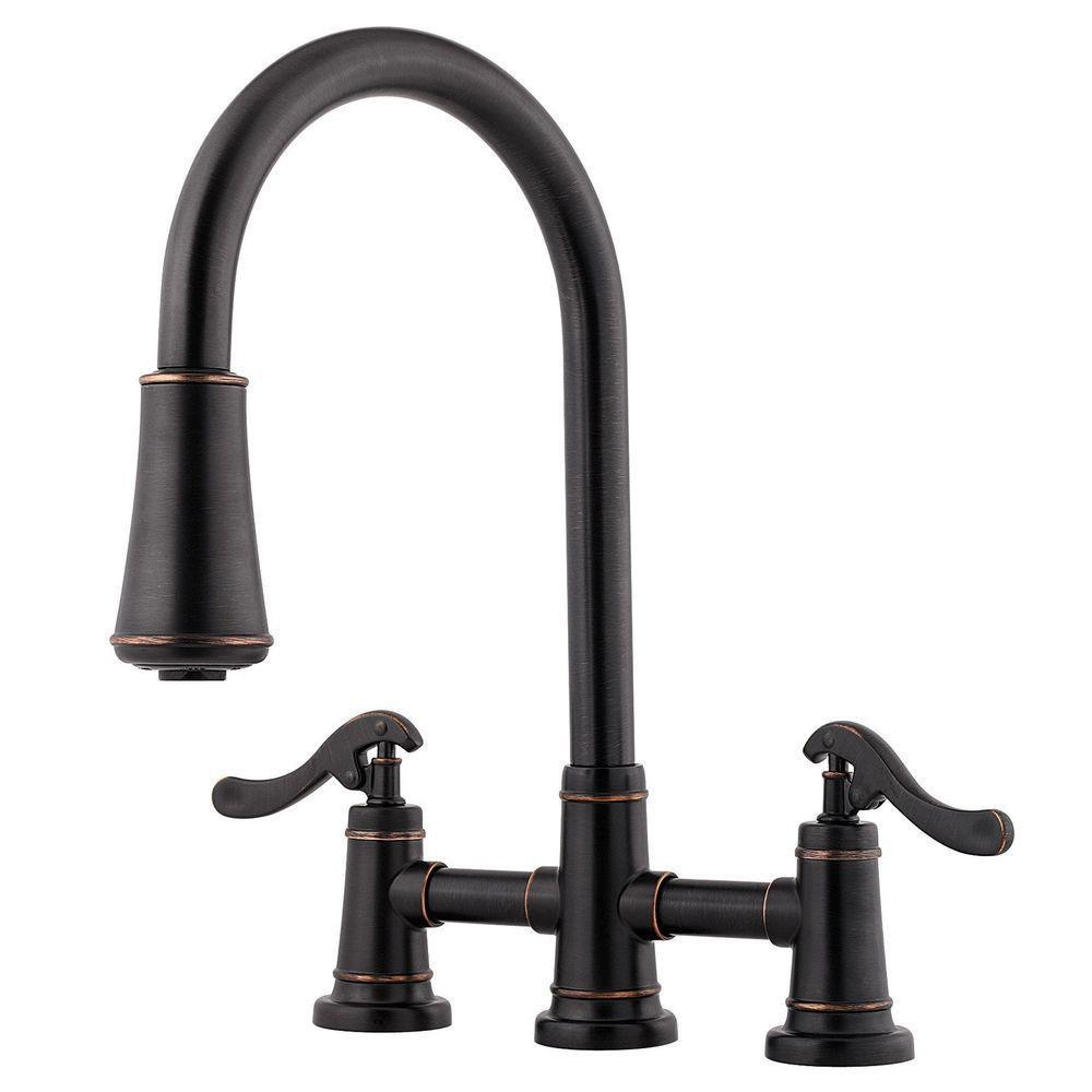 Pfister Tuscan Bronze 2.2 gpm Double Lever Handle Deckmount Kitchen Sink Faucet 360 Degree Swivel High Arc Pull-Down Spout 