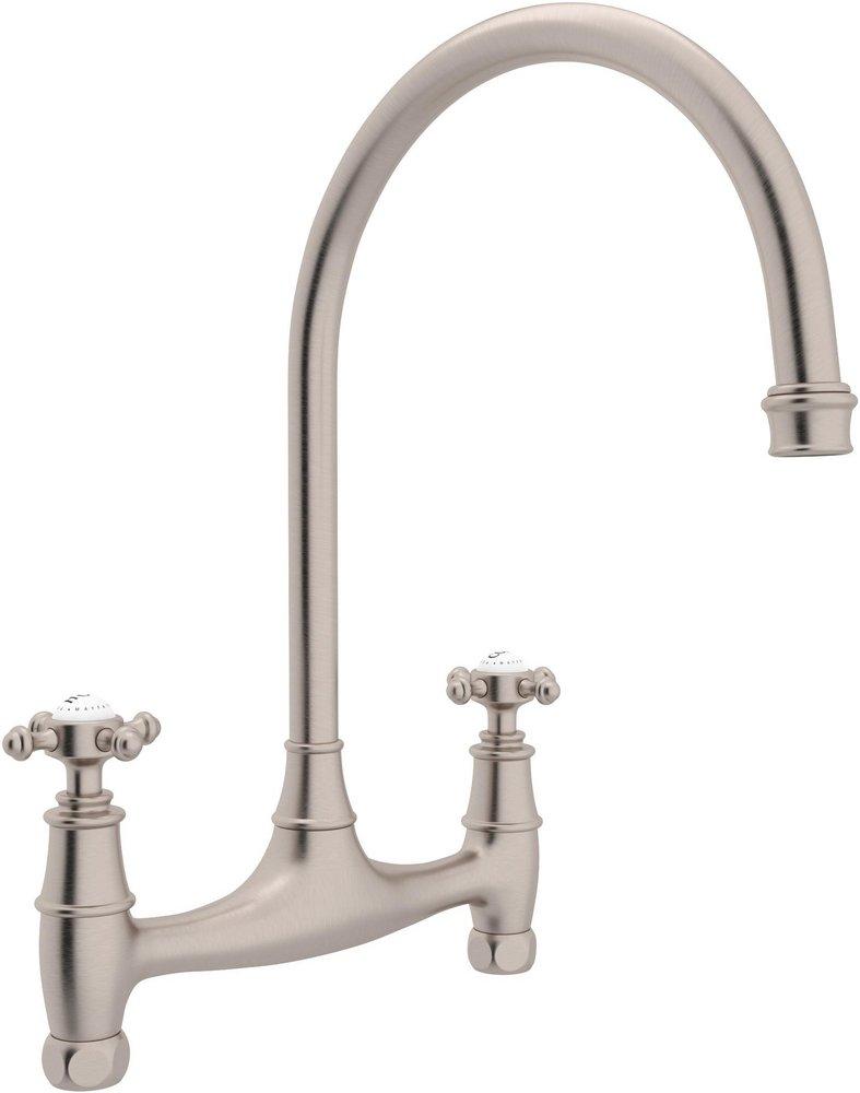 Perrin & Rowe&reg; Satin Nickel 2-Hole Double Cross Handle Bridge Kitchen Faucet 