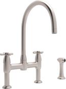 3-Hole Bridge Kitchen Faucet with Double Cross Handle and Sidespray in Satin Nickel