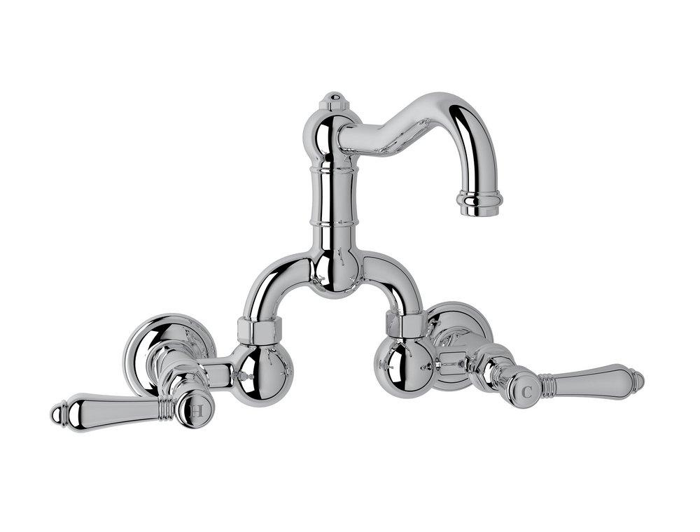 ROHL&reg; Polished Chrome Wall Mount Bridge Bathroom Sink Faucet with Double Metal Lever Handle 