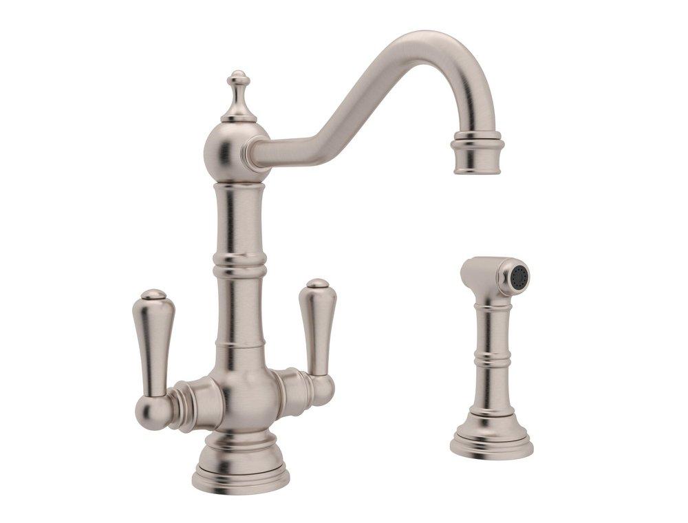 Perrin & Rowe&reg; Satin Nickel 1-Hole Kitchen Mixer with Double Lever Handle and Sidespray 