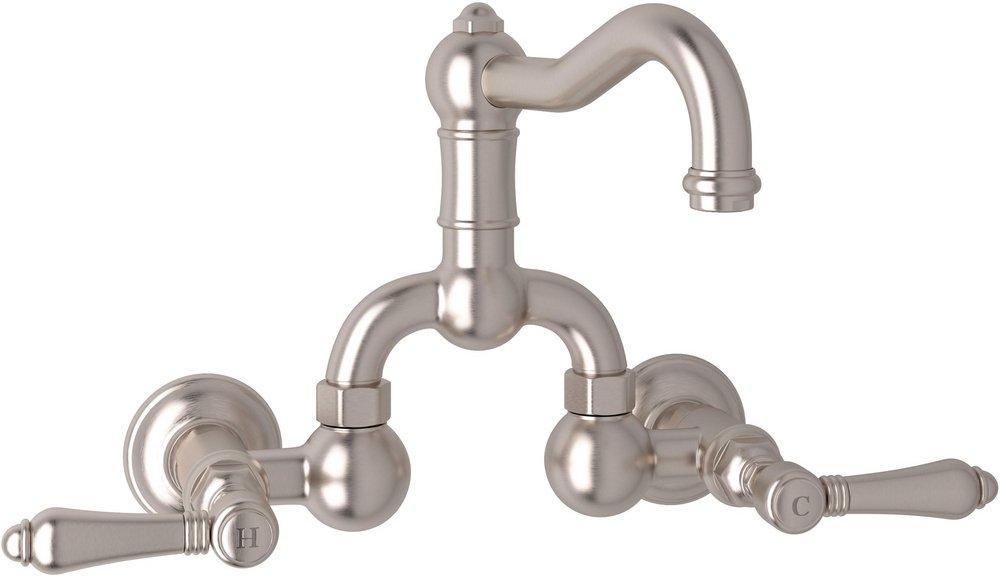 ROHL&reg; Satin Nickel Wall Mount Bridge Bathroom Sink Faucet with Double Metal Lever Handle 