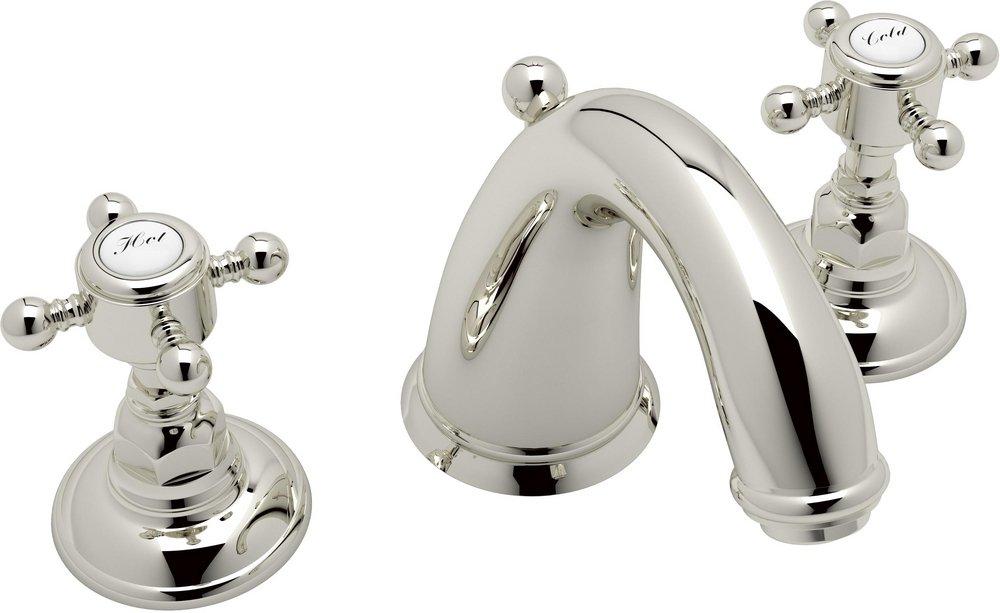 ROHL&reg; Polished Nickel Deckmount Widespread Bathroom Sink Faucet with Double Crystal Cross Handle 