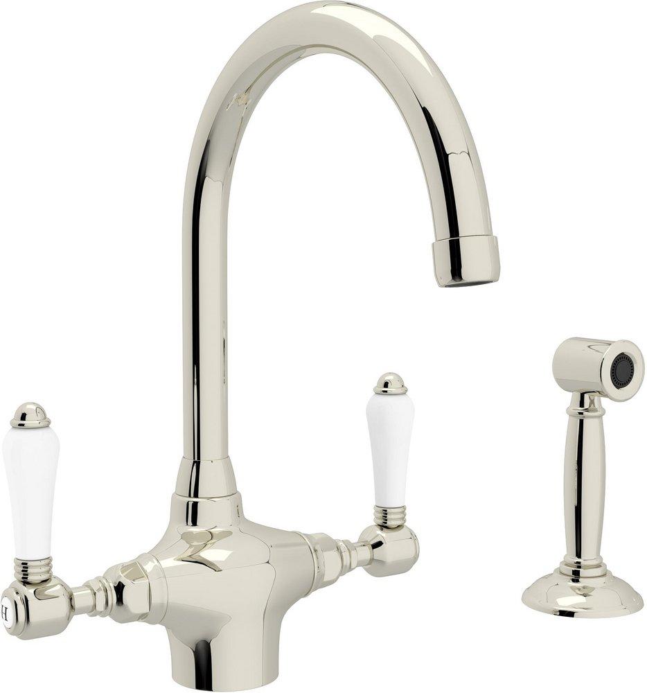 ROHL&reg; Polished Nickel 1-Hole Column Spout Kitchen Faucet with Double Porcelain Lever Handle and Sidespray 