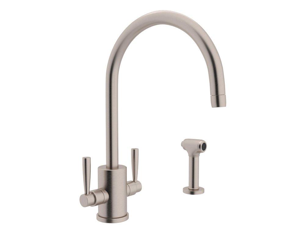 Perrin & Rowe&reg; Satin Nickel 1.8 gpm 1-Hole Column Spout Kitchen Faucet with Round Body and Sidespray 
