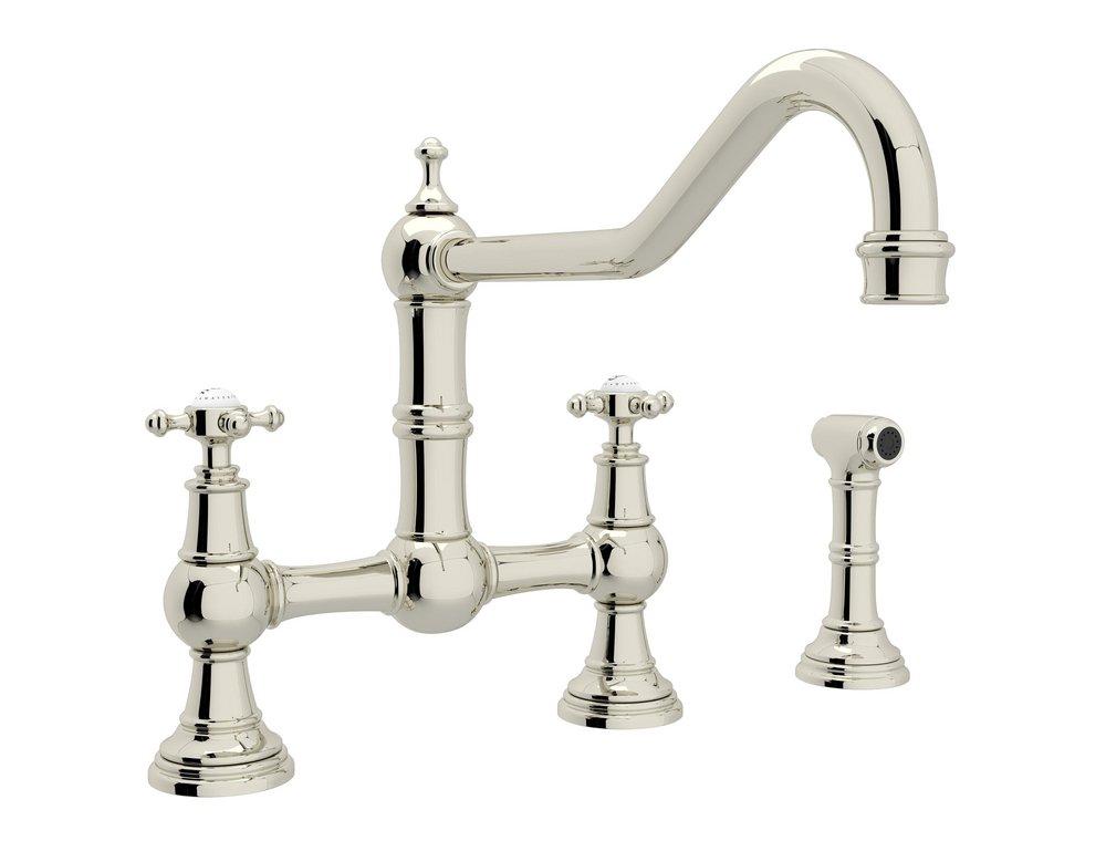 Perrin & Rowe&reg; Polished Nickel Two Handle Bridge Widespread Kitchen Faucet 