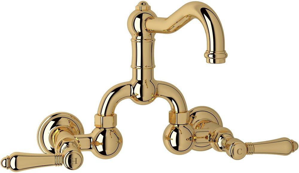 ROHL&reg; Inca Brass Wall Mount Bridge Bathroom Sink Faucet with Double Metal Lever Handle 