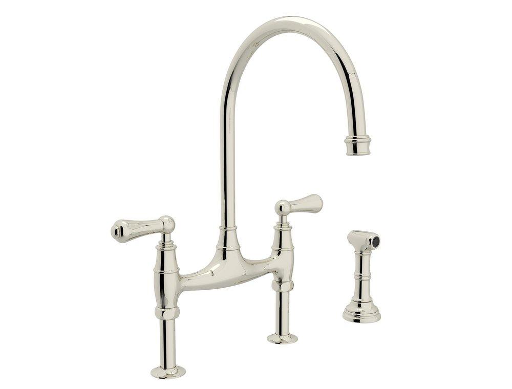 Perrin & Rowe Polished Nickel Two Handle Bridge Kitchen Faucet with Side Spray 