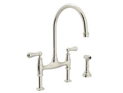 Two Handle Bridge Kitchen Faucet with Side Spray in Polished Nickel