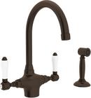 1-Hole Column Spout Kitchen Faucet with Double Porcelain Lever Handle and Sidespray in Tuscan Brass