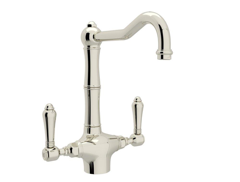 ROHL&reg; Polished Nickel 1.5 gpm Double Lever Handle Deckmount Kitchen Sink Faucet Column Spout IPS Connection 