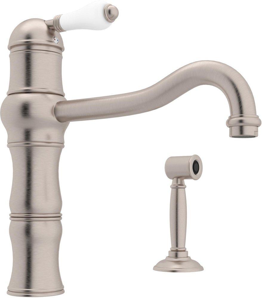 ROHL&reg; Satin Nickel 1-Hole Kitchen Faucet with Single Porcelain Lever Handle and Sidespray 