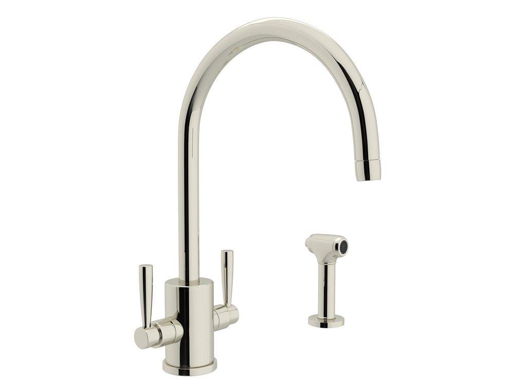 Perrin & Rowe&reg; Polished Nickel 1.8 gpm 1-Hole Column Spout Kitchen Faucet with Round Body and Sidespray 
