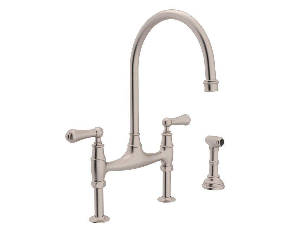 Perrin & Rowe Satin Nickel Two Handle Bridge Kitchen Faucet with Side Spray 