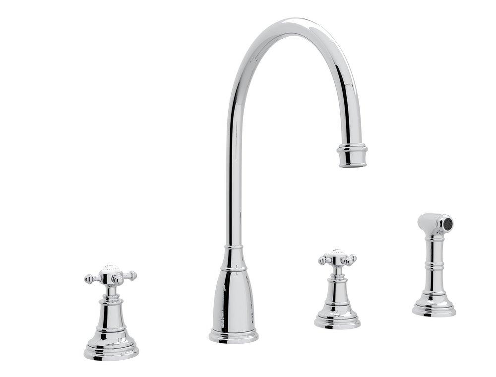 Perrin & Rowe&reg; Polished Chrome 4-Hole Column Spout Kitchen Faucet with Double Cross Handle 