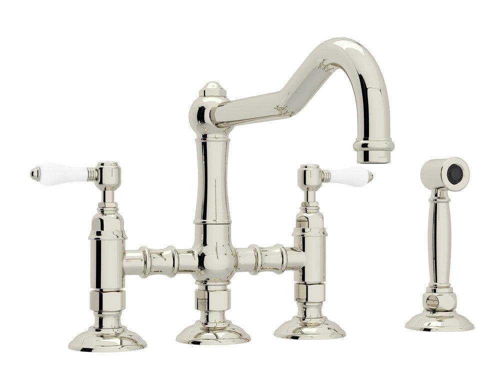 ROHL&reg; Polished Nickel 4-Hole Bridge Kitchen Faucet with Double Porcelain Lever Handle and Sidespray 