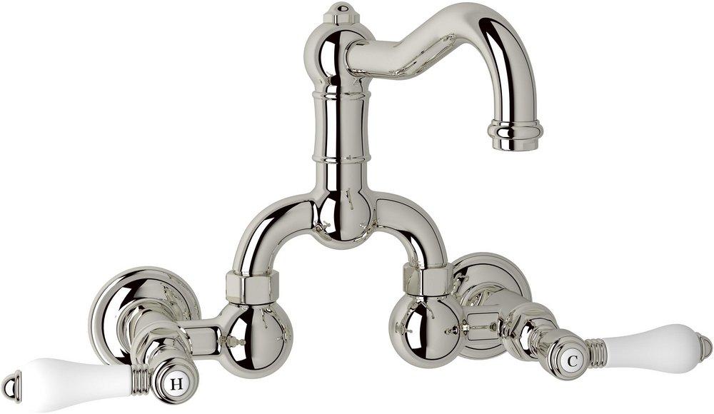 ROHL&reg; Polished Nickel Wall Mount Bridge Bathroom Sink Faucet with Double Porcelain Lever Handle 