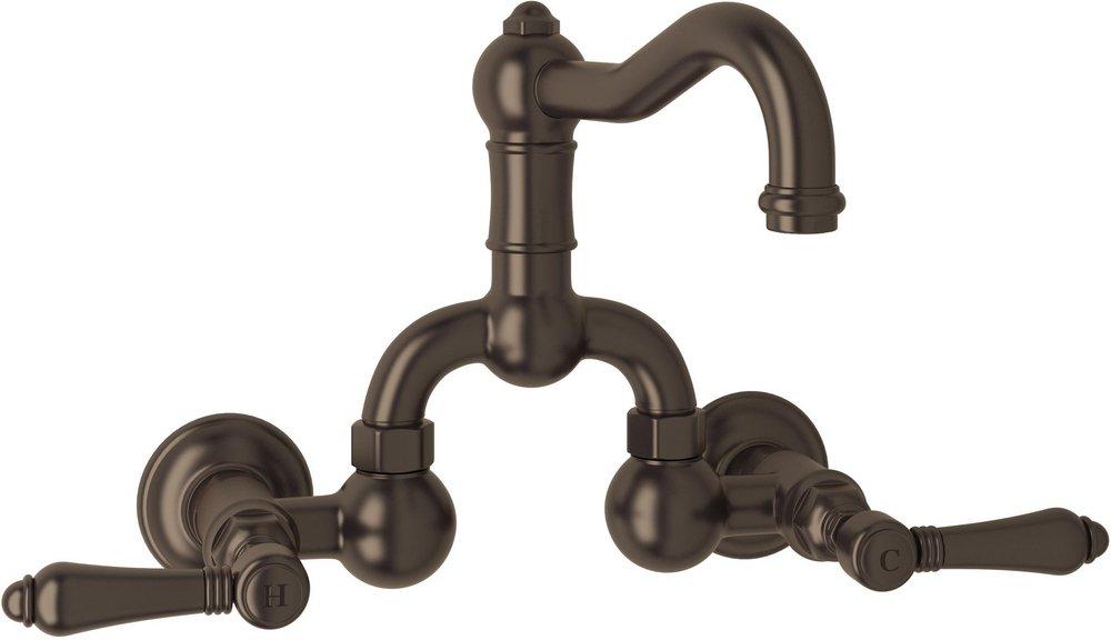 ROHL&reg; Tuscan Brass Wall Mount Bridge Bathroom Sink Faucet with Double Metal Lever Handle 