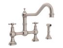 3-Hole Bridge Kitchen Faucet with Double Cross Handle and Hand Spray in Satin Nickel