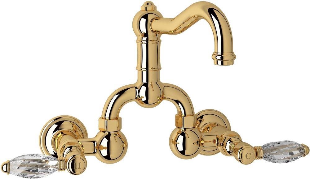 ROHL&reg; Inca Brass Wall Mount Bridge Bathroom Sink Faucet with Double Crystal Lever Handle 