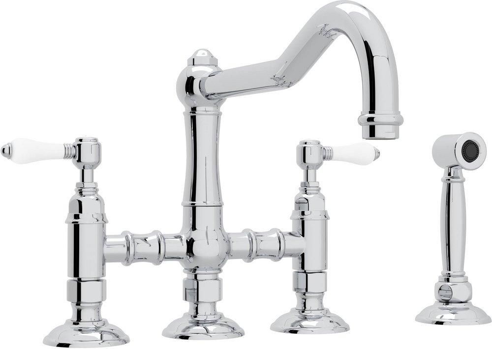 ROHL&reg; Polished Chrome 4-Hole Bridge Kitchen Faucet with Double Porcelain Lever Handle and Sidespray 