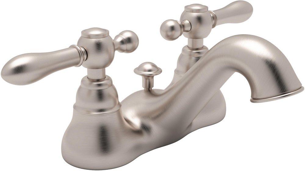 ROHL&reg; Satin Nickel Deckmount Bathroom Sink Faucet with Double Metal Lever Handle 