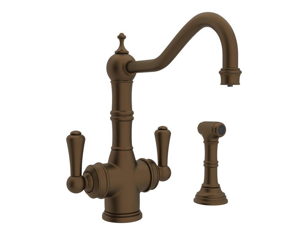 Perrin & Rowe English Bronze 2-Hole Filtration Kitchen Faucet with Double Lever Handle and Sidespray 