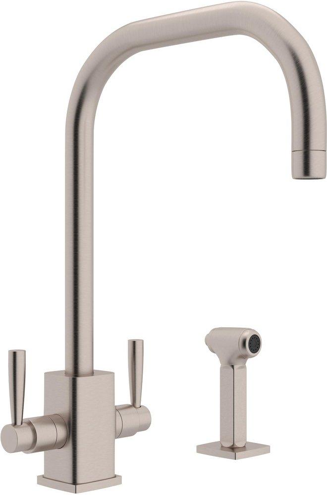 Perrin & Rowe Satin Nickel 1-Hole High Arc Kitchen Faucet with Double Lever Handle and Sidespray 