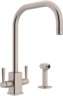 1-Hole High Arc Kitchen Faucet with Double Lever Handle and Sidespray in Satin Nickel