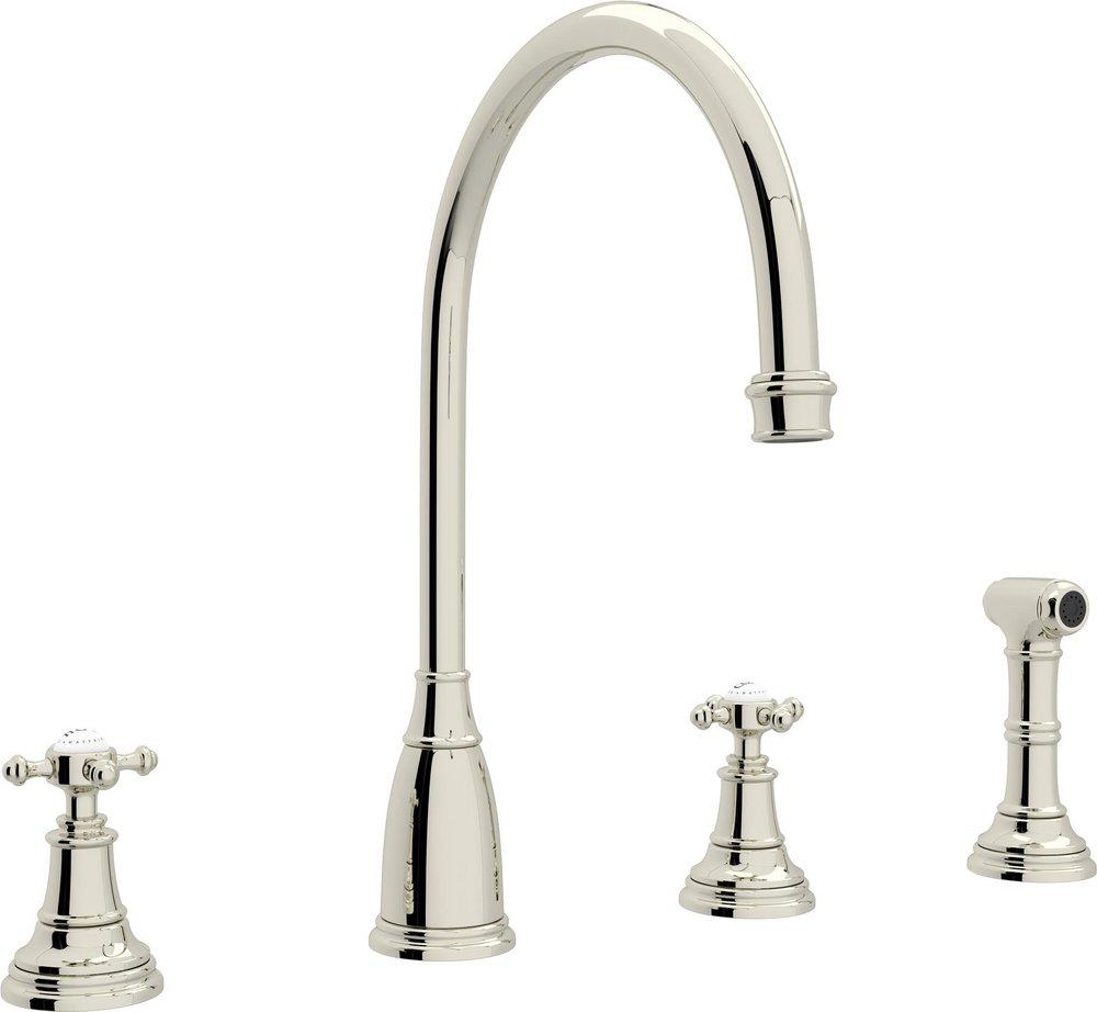 Perrin & Rowe&reg; Polished Nickel 4-Hole Column Spout Kitchen Faucet with Double Cross Handle 